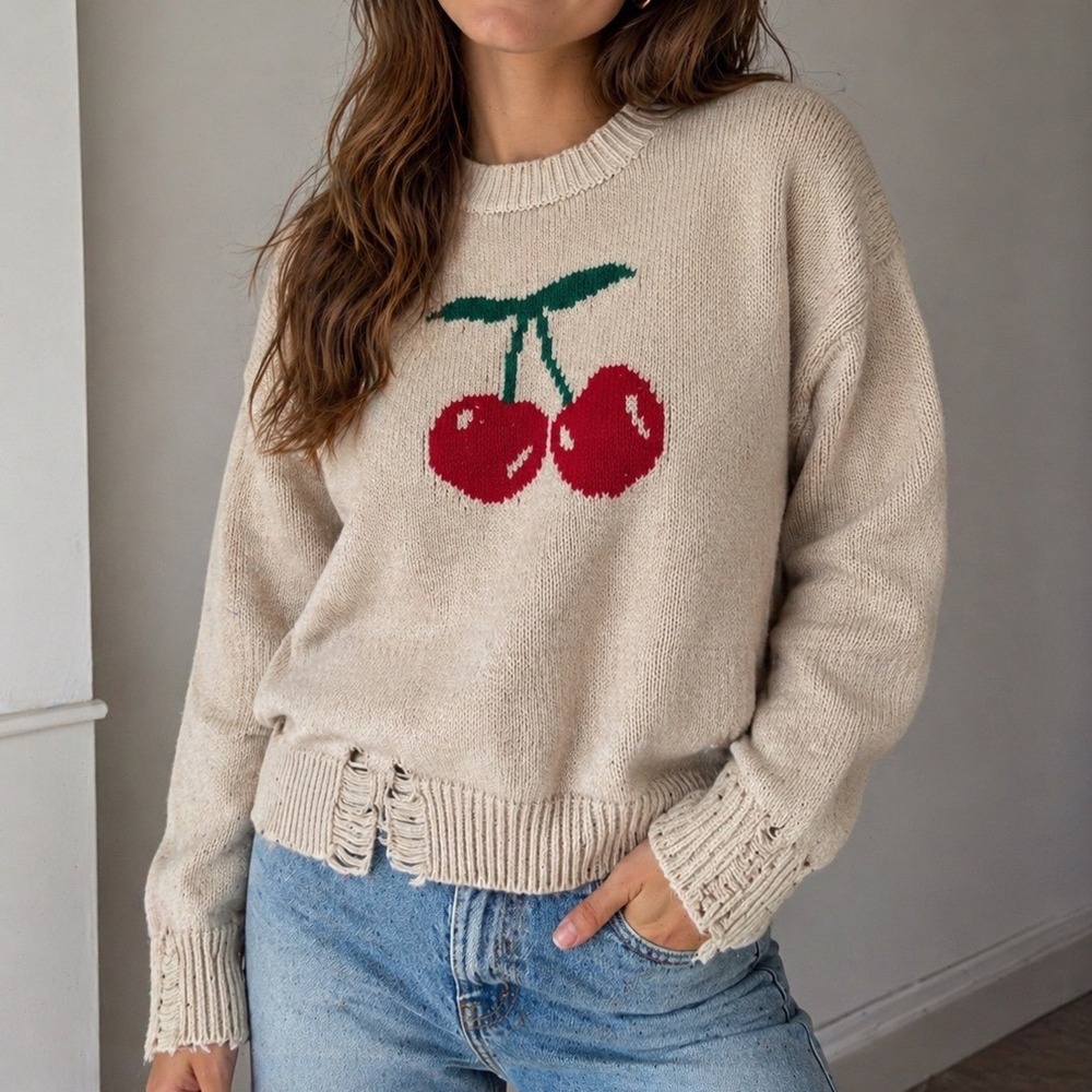 Ee:some Cherry Intarsia Distressed Knit Sweater Beige Red Small J3